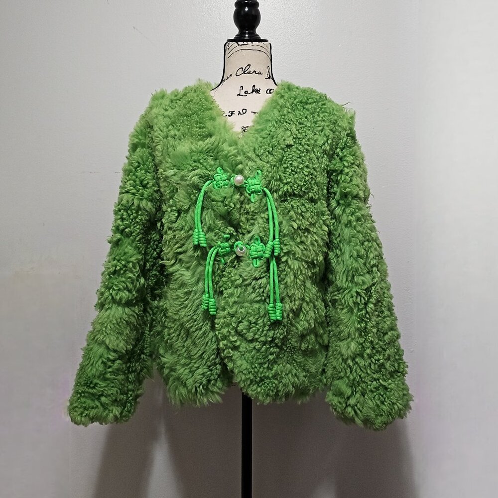 NewReal Curly Merino Fur Lambswool Sheepskin Jacket Coat Blazer Apple Neo Green